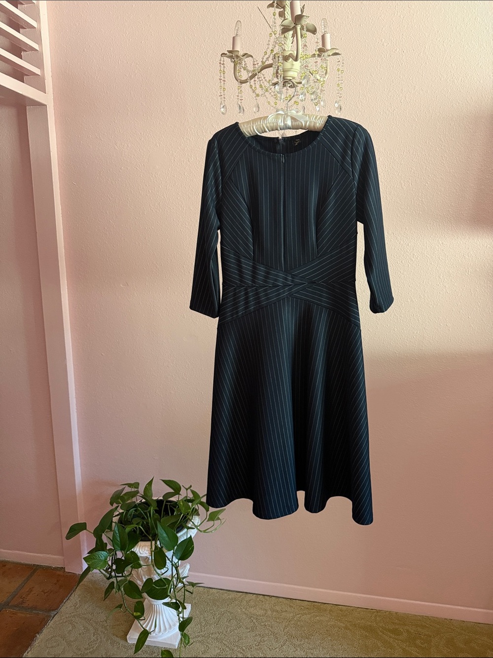 Women's Black Pinstripe 3/4 Length Sleeves Fit & Flare Dress